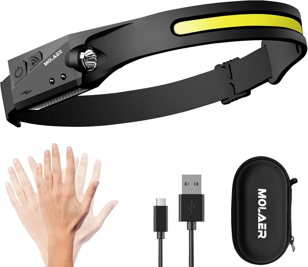 Rechargeable LED Headlamp, 230° Illumination Headlight with Motion Sensor, Lightweight, Weatherproof, 2 Light Source Head Lamp Flashlight for Camping, Hiking, Running, Outdoor - Adults and Kids