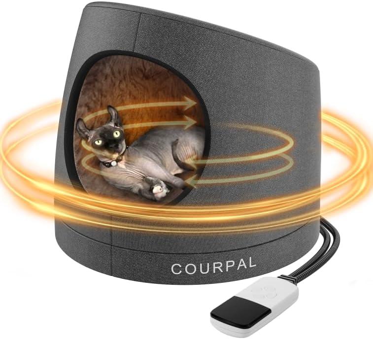 Heated Cat Cave Bed - Enclosed Round Cat Dome with Adjustable Heating & Timing - Large Warm Cat Hut with Faux Fur Lining for Winter Sleep - Up to 18 Lbs