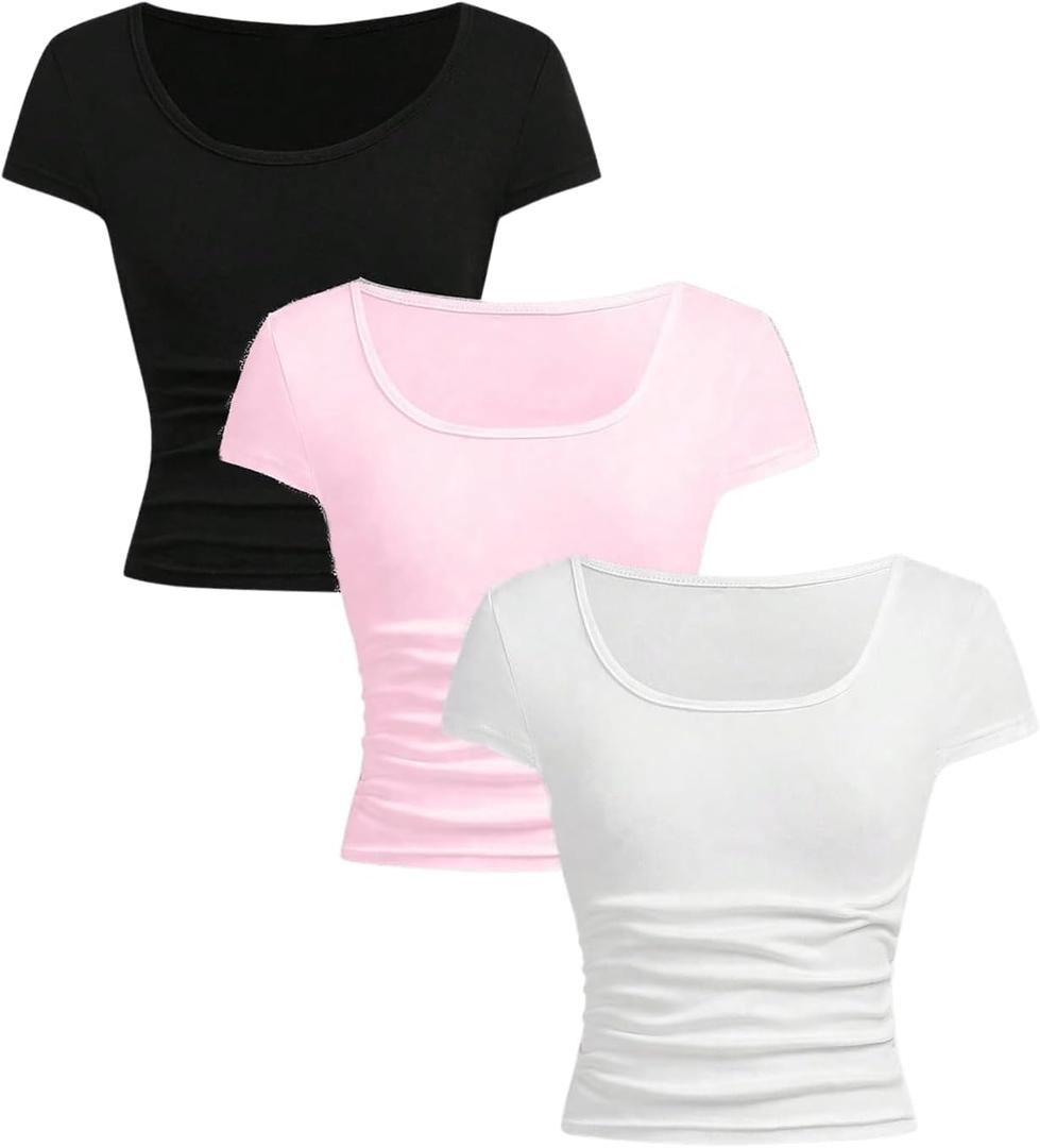 SOLY HUX Girl's Short Sleeve T Shirts 3 Piece Basic Scoop Neck Tees Slim Fit Casual Summer Tops (11 Years, White Pink Black)