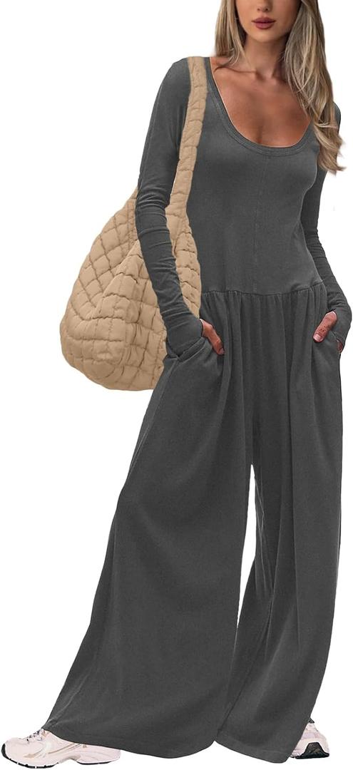 UNIANKIYA One Piece Jumpsuits for Women Casual Long Sleeve Overalls Dressy Rompers Wide Leg Pants Jumpers Vacation Outfits (Gray, S)