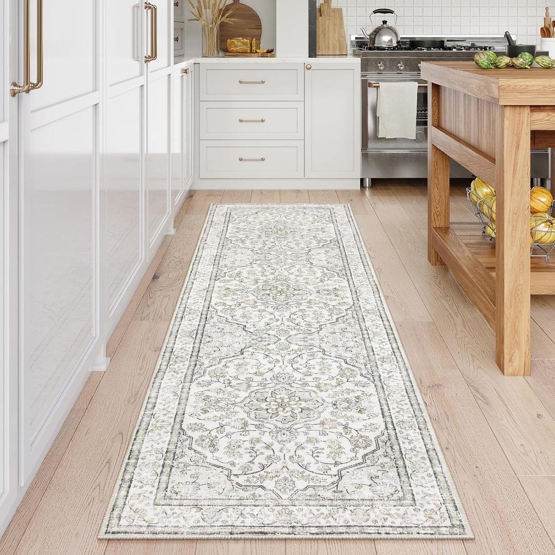 Lahome Oriental Washable Runner Rug,2.5x8 Runner Rug for Entryway Indoor Non-Slip,Kitchen Runner Rugs Non Skid Washable,Traditional Thin Wide Carpet Runner for Laundry Hallway Bathroom,(8ft,Beige)