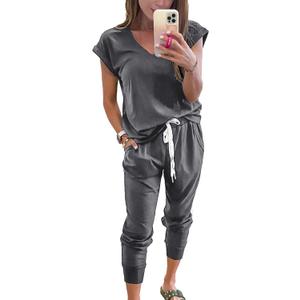 PRETTYGARDEN Women's Two Piece Tracksuit V Neck Short Sleeve Tops Long Pants With Drawstring Outfits Jogger Sets(Dark Grey, Large)
