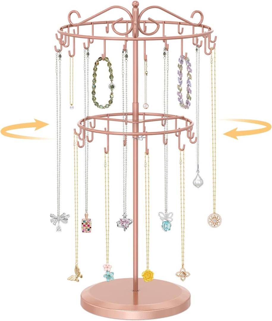 EsLuker.ly Necklace Holder Organizer Rotating Display Stand, 2 Tier Adjustable Height Necklaces Hanger Tree with 42 Hooks, Metal Tall Jewelry Bracelet Storage Rack for Women Vendors Sell, Rose Gold