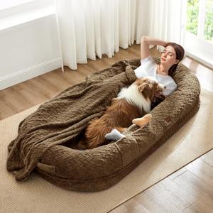 Human Dog Bed for Adult - Luxury Faux Fur Giant Size Dog Bed with Portable Handle, Egg Orthopedic Foam with Blanket, 72"x40"x10", Brown