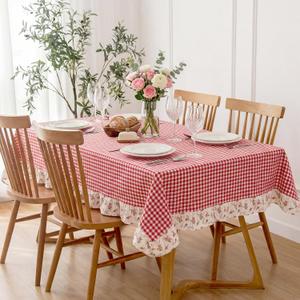 Boao 52 x 70 Inch Red White Plaid Ruffled Table Cloth Rectangle Cotton Gingham Floral Trim Tablecloth Vintage Farmhouse Checkered Table Cover for Home Weddings Picnic Holiday Party Decor