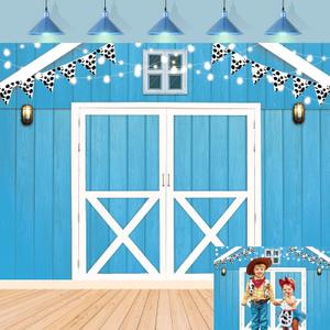 Blue Barn Door Backdrop Western Farm Rustic Wooden Barn Door Autumn Photography Background Fall Thanksgiving Farm Harvest Baby Shower BBQ Birthday Party Decorations Banner Props (Blue, 8x6FT)
