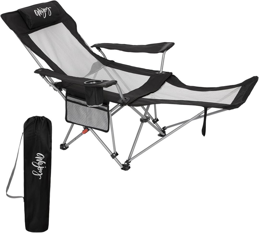 #WEJOY 2-in-1 Reclining Camping Chair with Footrest for Adults Folding Lounge Chair with Adjustable Backrest Lightweight Camping Chairs Heavy Duty Camp Chairs for Outdoor (Black Grey)