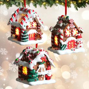 3Pcs Christmas Gingerbread House Hanging Ornaments for Xmas Tree,3D Light-Up Handmade Clay Gingerbread Candy House with Santa Claus Snowman for Christmas Eve New Year Winter Holiday Party Decorations