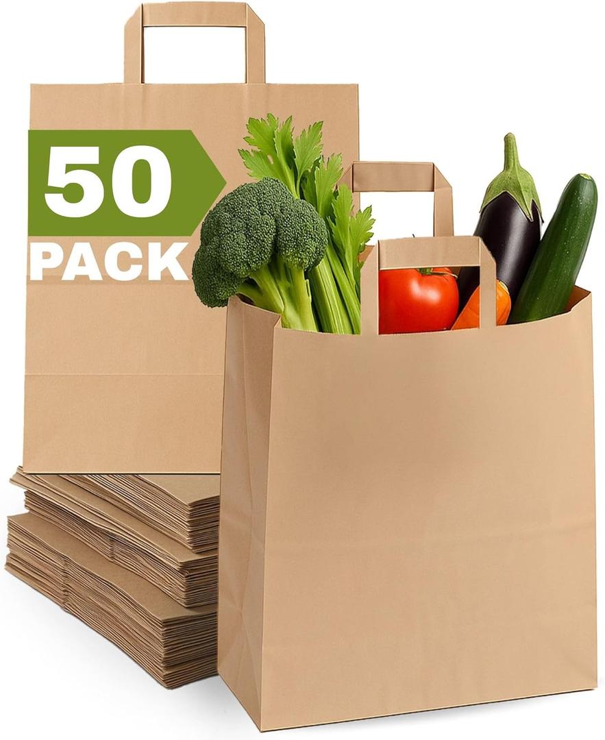 Qutuus Large Paper Bags with Handles Bulk - 50 Pcs 12x7x14 Large Paper Grocery Shopping Bags with Handles, Brown Sacks for Groceries, Recycling, Delivery, Take Out, To Go, Retail