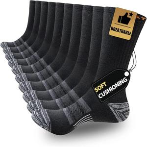 JOYNE 5 Pairs Mens Lightweight Athletic Crew Cushioned Breathable Work High Calf Long Boot Socks (Black), Large