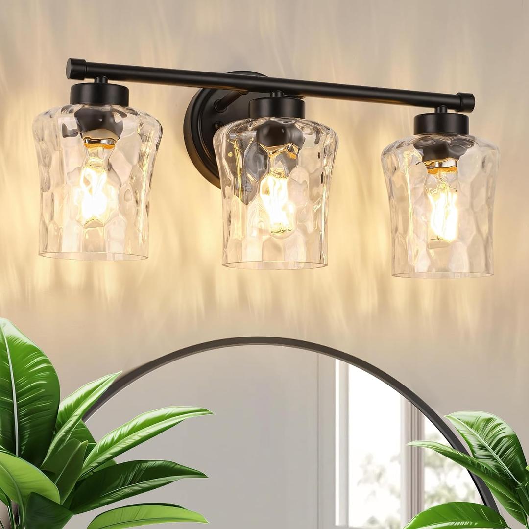 Bathroom Light Fixtures Over Mirror, 3 Lights Vanity Lights with Hammered Glass Shade, 18.7" Matte Black Farmhouse Bathroom Light Fixtures for Bedroom, Porch, Hotel, Mirror Cabinet