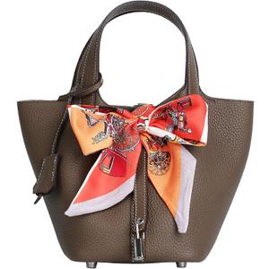 Genuine Leather Bucket Bag for Women Handbag tote bag with metal clasp, bohemian-style market tote bag(Elephant gray-silver)