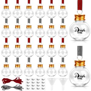 32 Pack Christmas Booze Balls, Fillable Christmas Tree Hanging Ornaments Clear Plastic Water Bottle Bulbs Pendant Ball with Plaid Ribbon and Stickers for Xmas Home Party Decor(Ball)