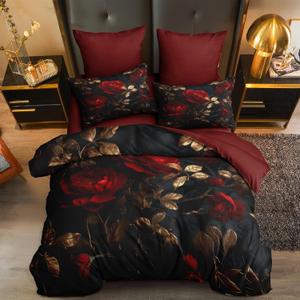Queen Size Comforter Set - 3 Pieces Red Roses Pattern Vintage Floral Bedding for Adult Women Black Flower Decor Comforter Set with 2 Pillowcases/90 * 90