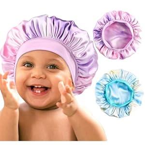 YANIBEST 2 Pcs Baby Satin Bonnet for Sleeping Kids Double Layer Sleeping Caps for Toddler Silk Bonnet Elastic Wide Band
