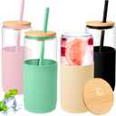 4 Pack 20 oz Glass Tumbler with Straw and Lid Coffee Tumbler with Silicone Sleeve Iced Coffee Cups Can Shaped Water Bottle for Home Outdoor (Bright Green, Amber, Black, Pink)