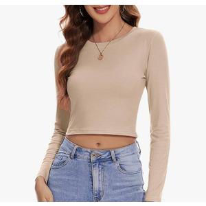 Crew Neck Long Sleeve Crop Tops for Woman Workout Basics Fitted Cute Tshirts for Teen Girl Y2k Summer Fashion Casual  Beige L