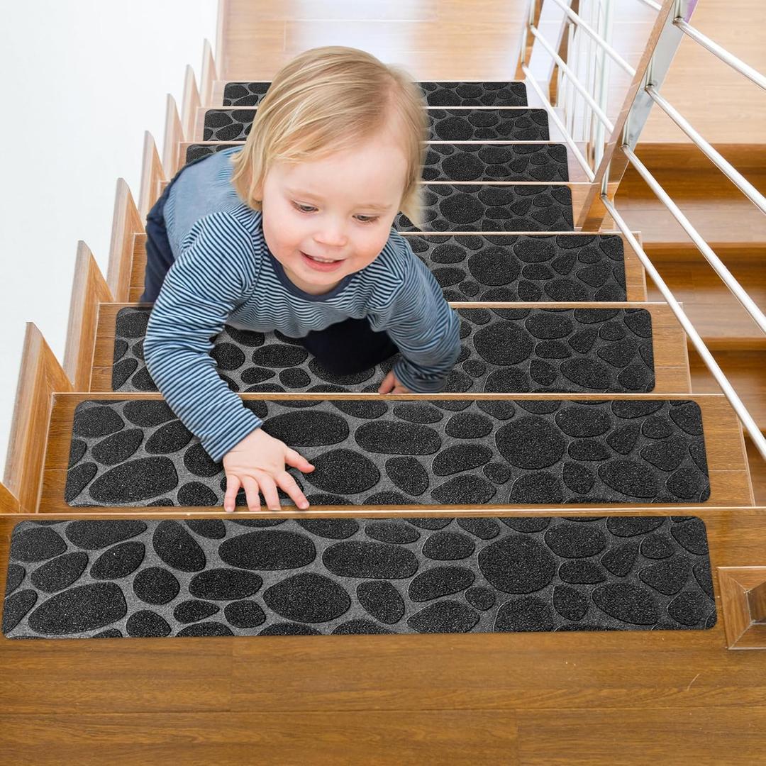 Self Adhesive Residue Free Machine Washable Reusable Stair Treads Non Slip Steps - 100% Polyester Heavyduty TPE Backing Wooden Stair Runner Indoor - 15 Pack 30"X8" Anti Slip Mats - Stone Black