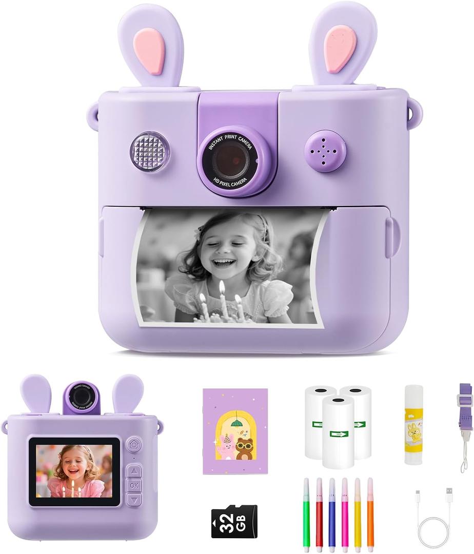 ORGSTA Kids Instant Print Camera for Boys and Girls 1080P HD Toddler Digital Camera with 3 Rolls Print Paper&32G Card, Christmas Birthday Gift Toys for Age 3-16 Kids Portable Travel Digital Camera Toy (Purple)
