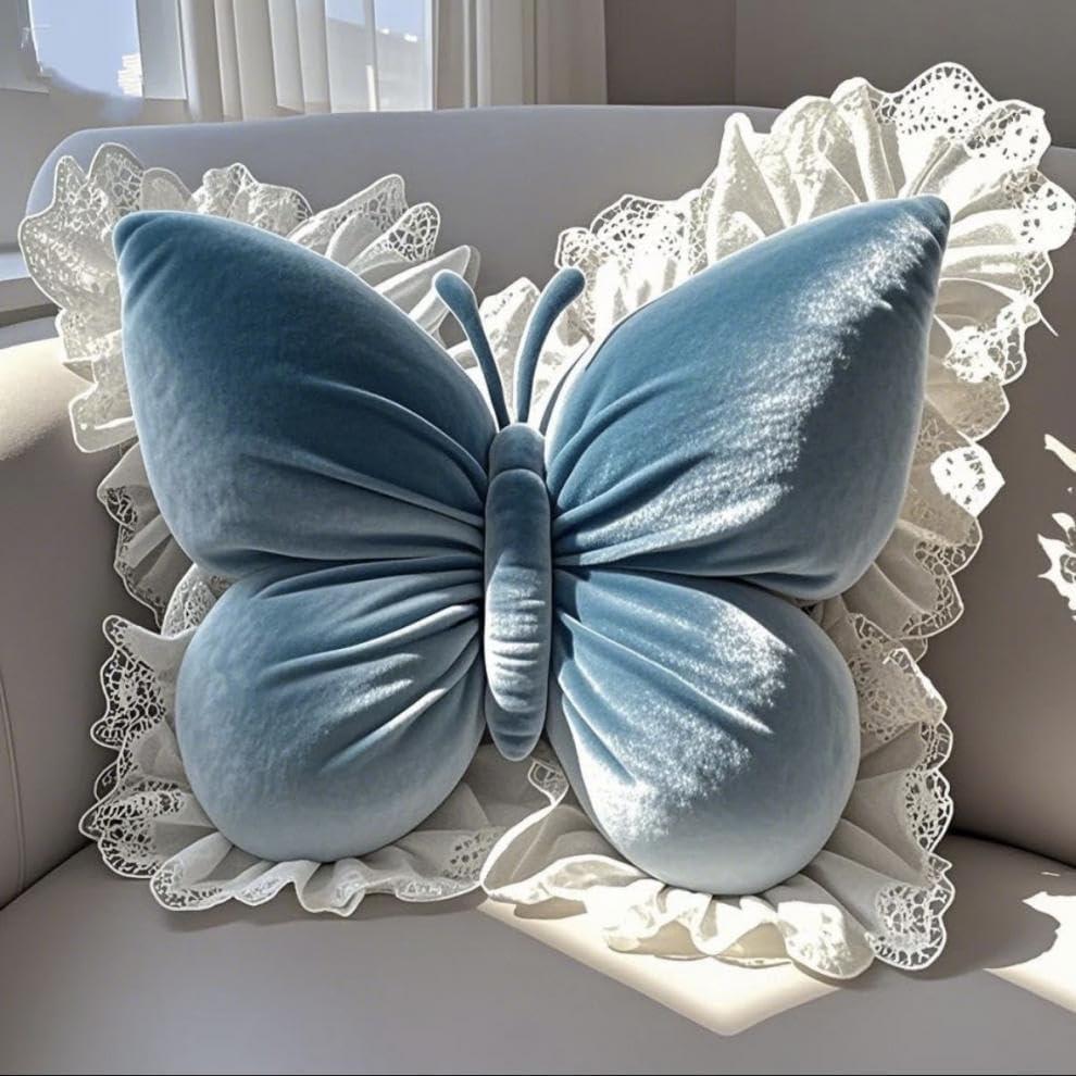 PEACH CAT Butterfly Pillow with Lace Trim Decorative Butterfly Shaped Throw Pillows 16" x 16" Soft Plush Cushion Decor for Bedroom Living Room Sofa Couch Blue