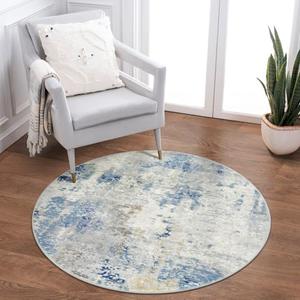 Lahome Modern Abstract Round Rug 3Ft, Blue Washable 3x3 Circle Rugs for Kitchen Entryway Soft Small Bedroom Mat Non Slip, Contemporary Indoor Floor Throw Carpet for Nursery Home Office