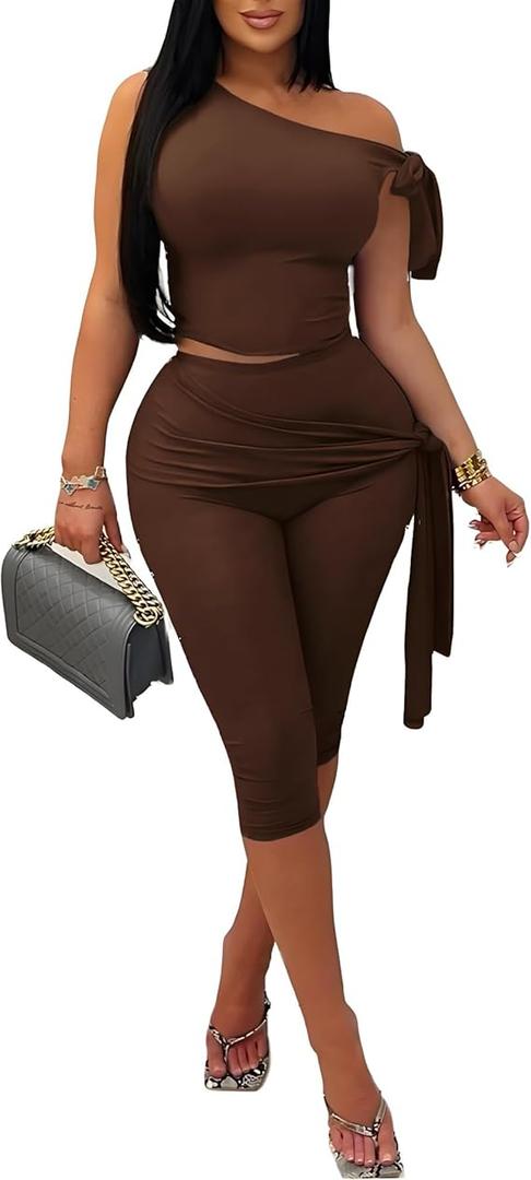 Two Piece Sets for Women Sleeveless Off the Shoulder Tops High Waist Bodycon Capri Pants Summer Outfits Clubwear S