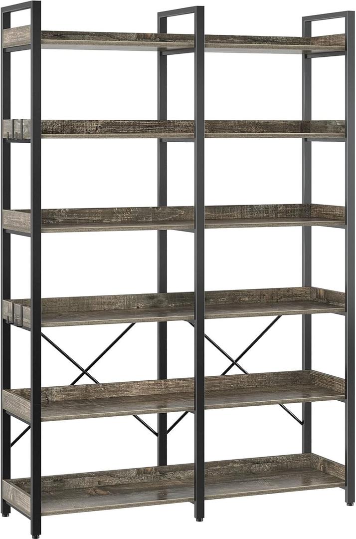 Seventable Bookshelf 6 Tier with 4 Hooks67Industrial Wooden Bookcase, Vintage Storage Rack with Open Shelves, Rustic Standing Bookshelves Metal Frame 43.3 Wide Display Rack, Gray (Grey)