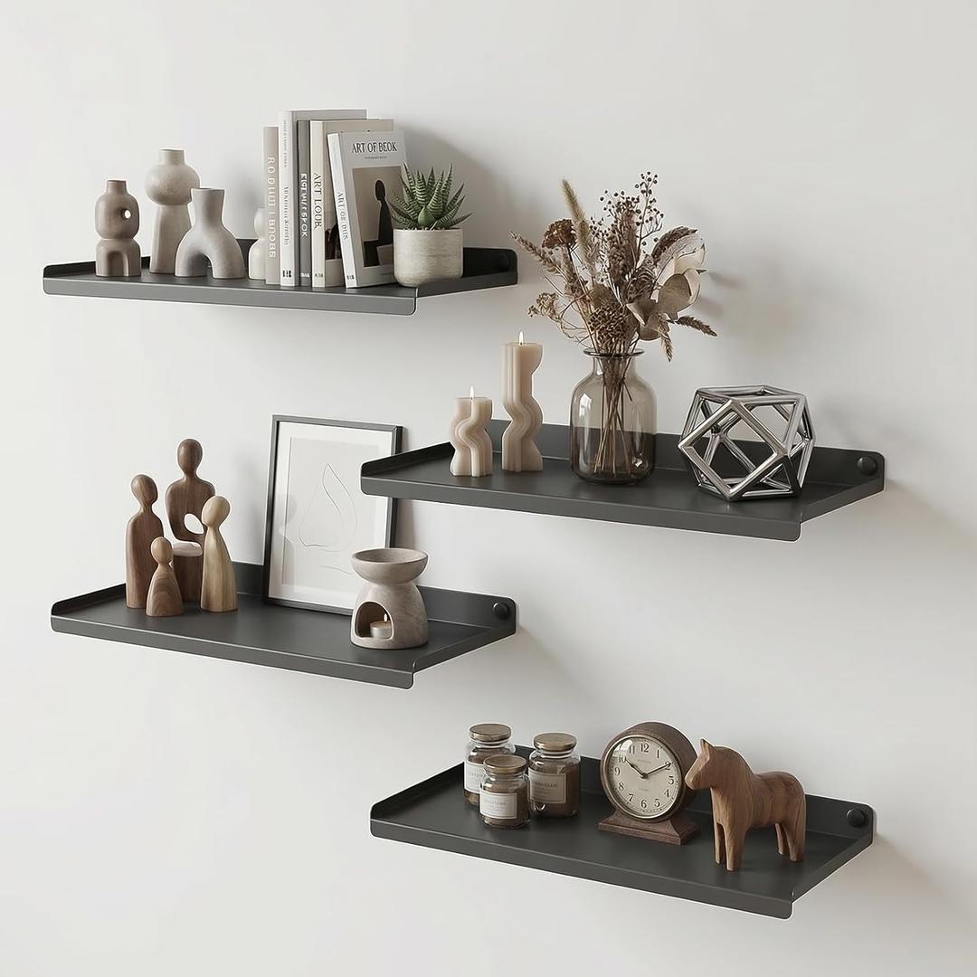 16X8 Inch Metal Wall Shelf Set of 4, Metal Wall Mounted Floating Shelves, Bathroom Shelf with Lip, Heavy Duty, Rust-Proof, Ideal for Home Decor, Garage, Bathroom, Office (Black)