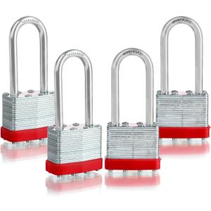 Pack of 4 Keyed-Alike Padlocks with Same Keys Long Shackle Hardened Steel Padlock with 8 Keys for Sheds Gates Fences Toolbox (Red)