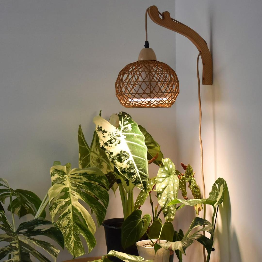 Bstrip Hanging Grow Lights for Indoor Plants, 18W Full Spectrum Plant Light, Boho Rattan Lantern Shade, 3800K Wall-Mounted Decorative Grow Light with 9.8FT Power Cord for Indoor Plant Growing, Flowers