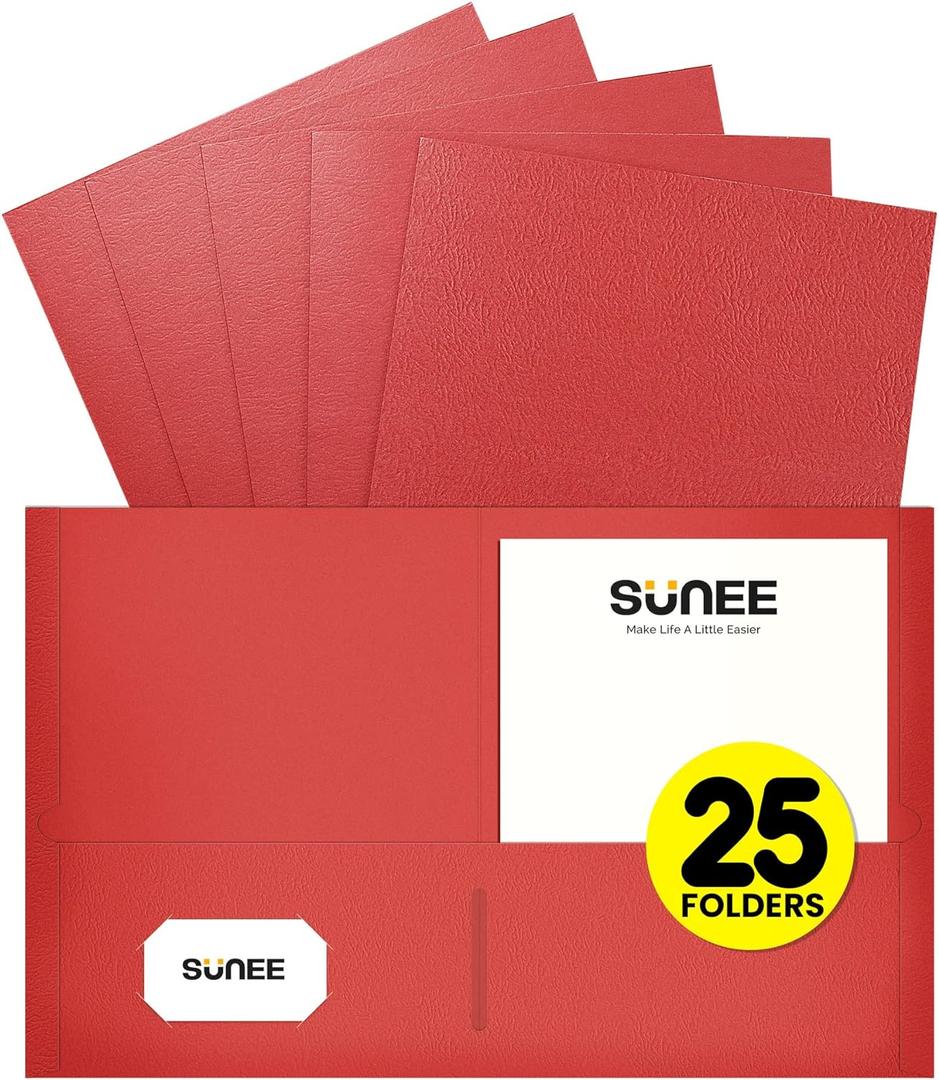 SUNEE Folders with Pockets (25 Pack, Red), 2 Pocket Folders Fit Letter Size Paper, Paper File Folder for School Office Home Business