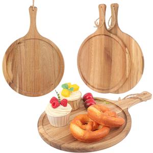 4 Pack 14 Inch Round Wooden Cutting Board with Handle, 14 Inch Acacia Wood Pizza Board, Acacia Wood Pizza Peel for Kitchen Decor and Charcuterie,Cheese,Bread & Meat