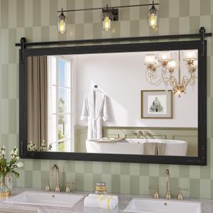 Farmhouse Bathroom Mirror, 55x36 Inch Black Vanity Mirror for Wall, Wood Framed Rustic Mirror Rectangular Wall Decor Mirrors for Entryway Living Room Bedroom