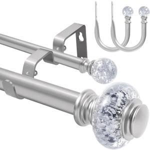 1 Inch Modern Silver Double Curtain Rod Set - Tension rods for windows 28 to 48 inchs with Holdbacks and Crystal Finials -BHSRODS Home Double Window Rods for Living Room & Bedroom