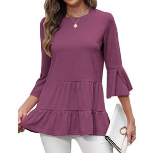 CiCiBird Women's 3/4 Ruffle Sleeve Babydoll Top Loose Peplum Crewneck Tunic 2025 Fashion Casual Shirt, Size XL