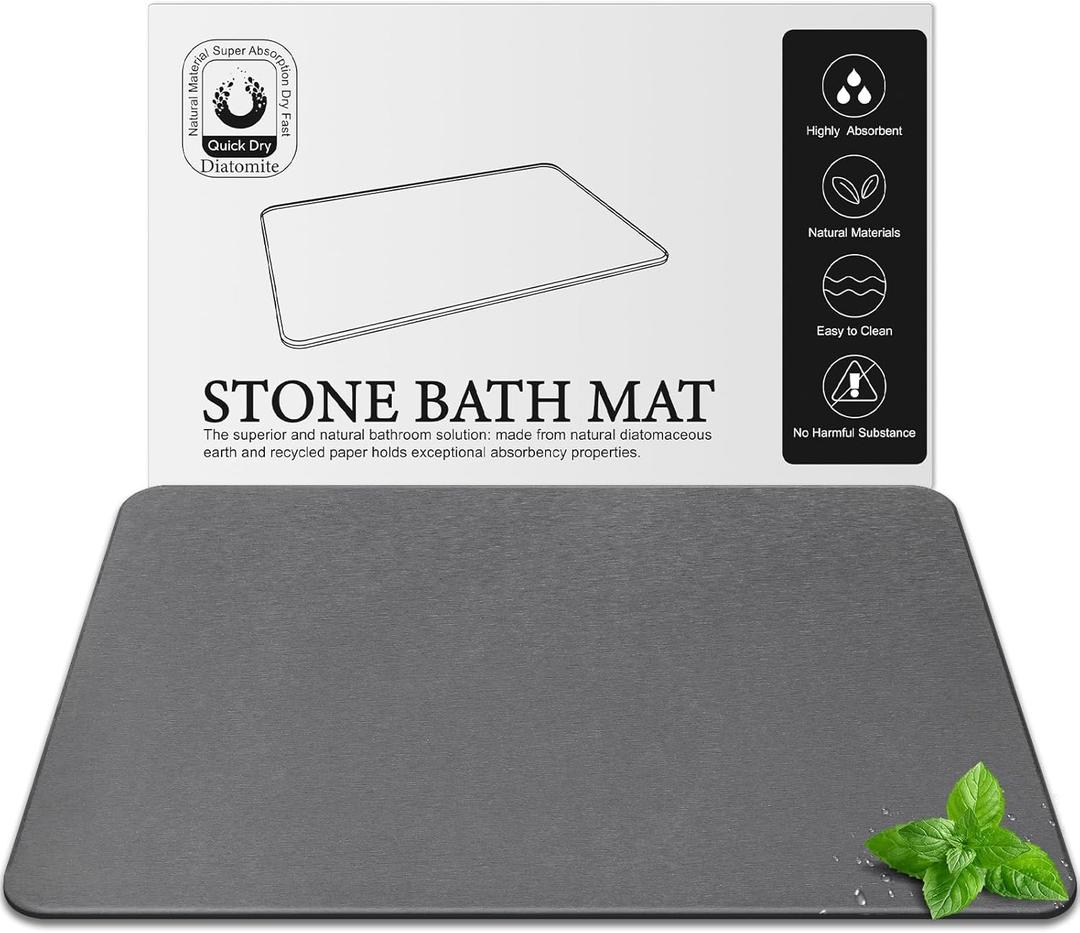 Diatomite Stone Bath Mat, Premium Natural Diatomaceous Earth Shower Mats for Bathroom Floor, Non-Slip with Quick Drying Super Absorbent, Easy to Clean (23.6''x 15.4" Dark Grey)