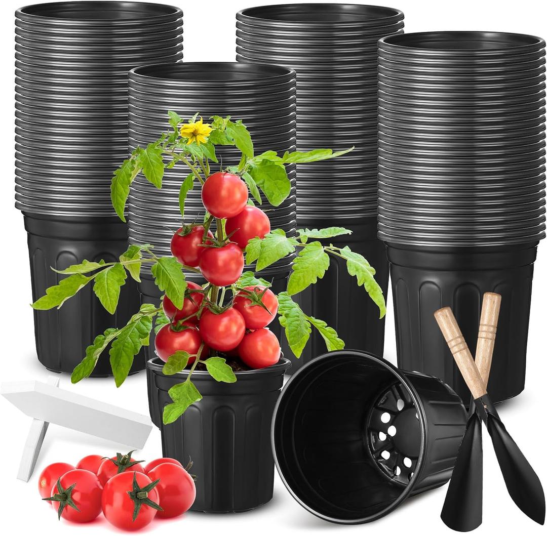 600 Pcs 1 Gallon Plastic Plants Nursery Pots Bulk with 600 Plant Labels, Thickened Soft Black Seedling Pots with Drainage Holes, Flower Plant Containers for Succulents Supply
