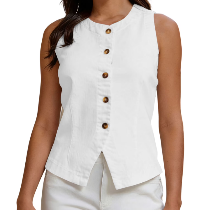 Women’s Sleeveless Blazer Vests Dressy Casual Work Vest Tops Trendy Summer Fall Button Waistcoat, Large