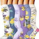 FuelMeFoot 6 Pairs Compression Socks for Women & Men 15-20mmHg Graduated Support Knee High Socks for Nurses, Travel, Athletic (Small-Medium, 05 Assort - Purple Flower)