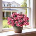 2 Pack Artificial Geranium Flowers Topitary Trees for Outdoors, UV Resistant Geraniums Potted Bushes Look Real Silk Faux Plants for Front Door Garden Porch Planter Farmhouse Home Decor (Peach Red)