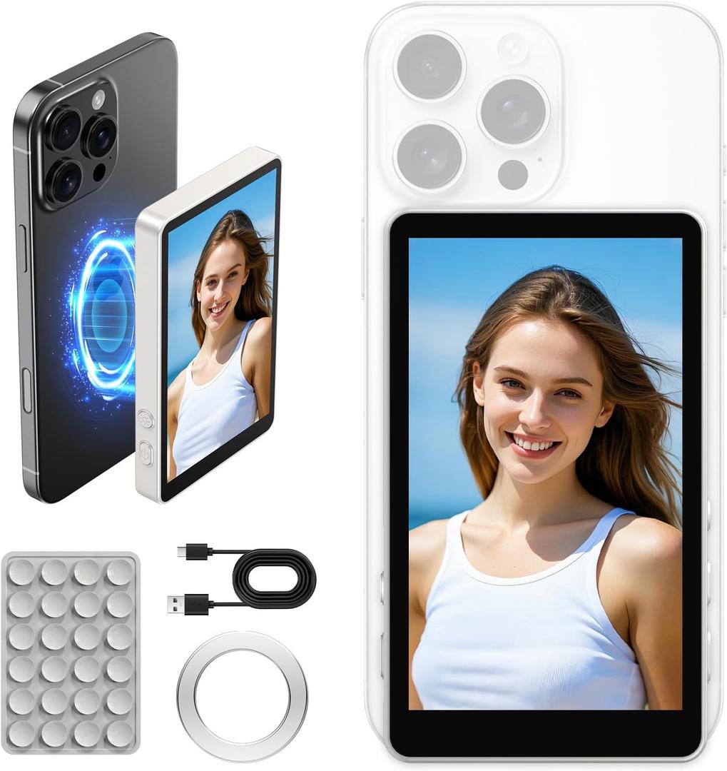 XJUGEZ Phone Vlog Selfie Monitor Screen for iPhone, Back Camera Monitor Screen with Remote Control, 2500mAh Battery, Strong Magnetic Vlog Camera 4K for YouTube, Live Stream, TikTok-No Delay