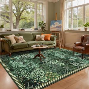 GarveeHome Forest Rugs 6x9, Green Washable Area Rug for Living Room, Botanical Low Pile Non Slip Stain Resistance Woodland Area Rug for Farmhouse, Bedroom, Dining Room,Green, 6' x 9' (Rectangular)