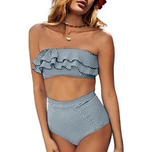 Saodimallsu Women High Waisted 2 Piece Bikini Set Bandeau Ruffle Swimsuit Top Striped Bathing Suits (X-Large, Navy)