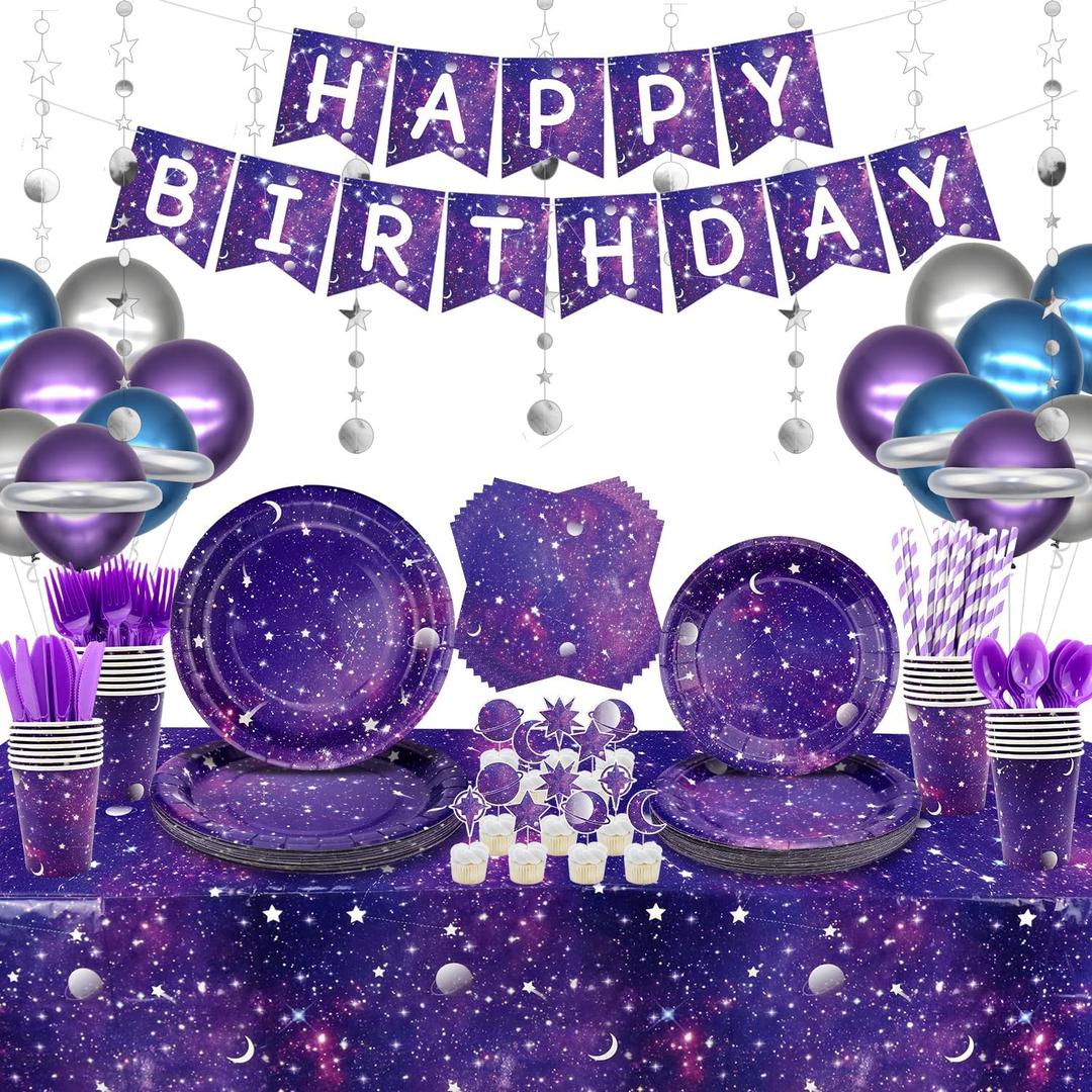 Space Galaxy Party Supplies Tableware Set, Includes Banner, Plates, Cupcake Topper Napkins, Cups,Tablecloth, Balloons, Foil Balloons, for 20 Guests Galaxy Outer Space Theme Birthday Party Decoration
