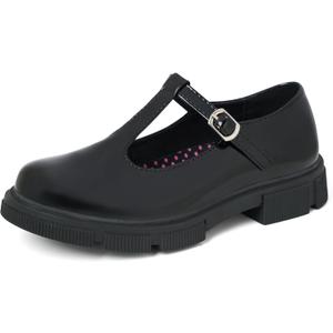 2 x JABASIC Girls School Uniform Dress Shoes T-Strap Mary Jane Flats (Black)