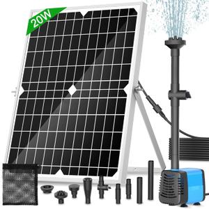 Solar Fountain Pump, 20 Watt Solar Powered Water Pump 350GPH Flow Adjustable with 4 Style Sprayers & Barrier Bag for Outdoor Ponds, Water Features, Fish Tank, Waterfall, Hydroponics, Pool