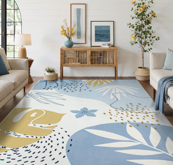 Lahome 9x12 Rugs for Living Room, Washable Non-Slip Ultra-Thin Large Area Rug for Dining Room Table, Boho Botanical Print Indoor Soft Carpet for Bedroom Office, Blue