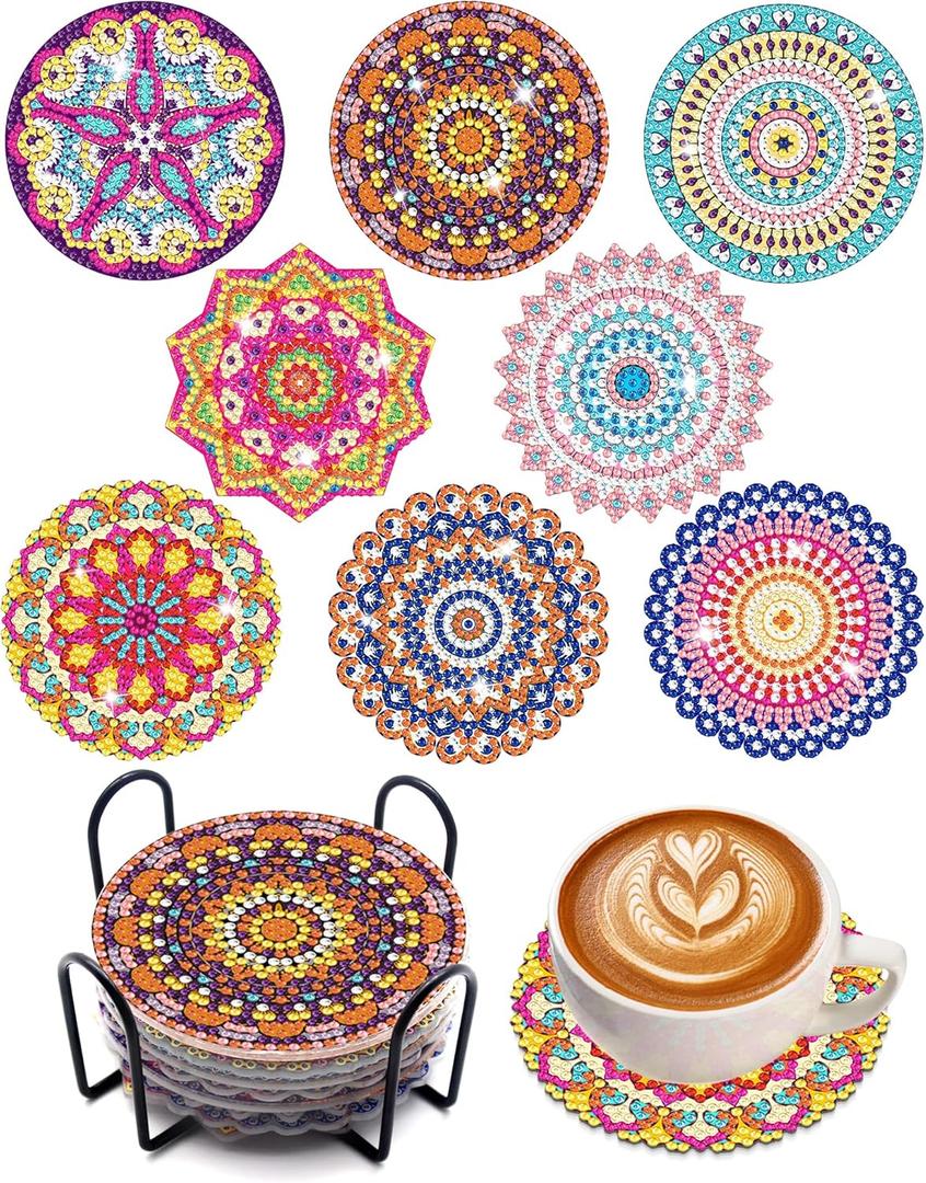 Benvo 8 Pcs Diamond Painting Coasters Kit Mandala Cup Coasters DIY Diamond Art Kits with Diamond Painting Pens, Holders, Cork Base for Beginners Adults and Kids Art Craft Supplies Gift (Mandala A)