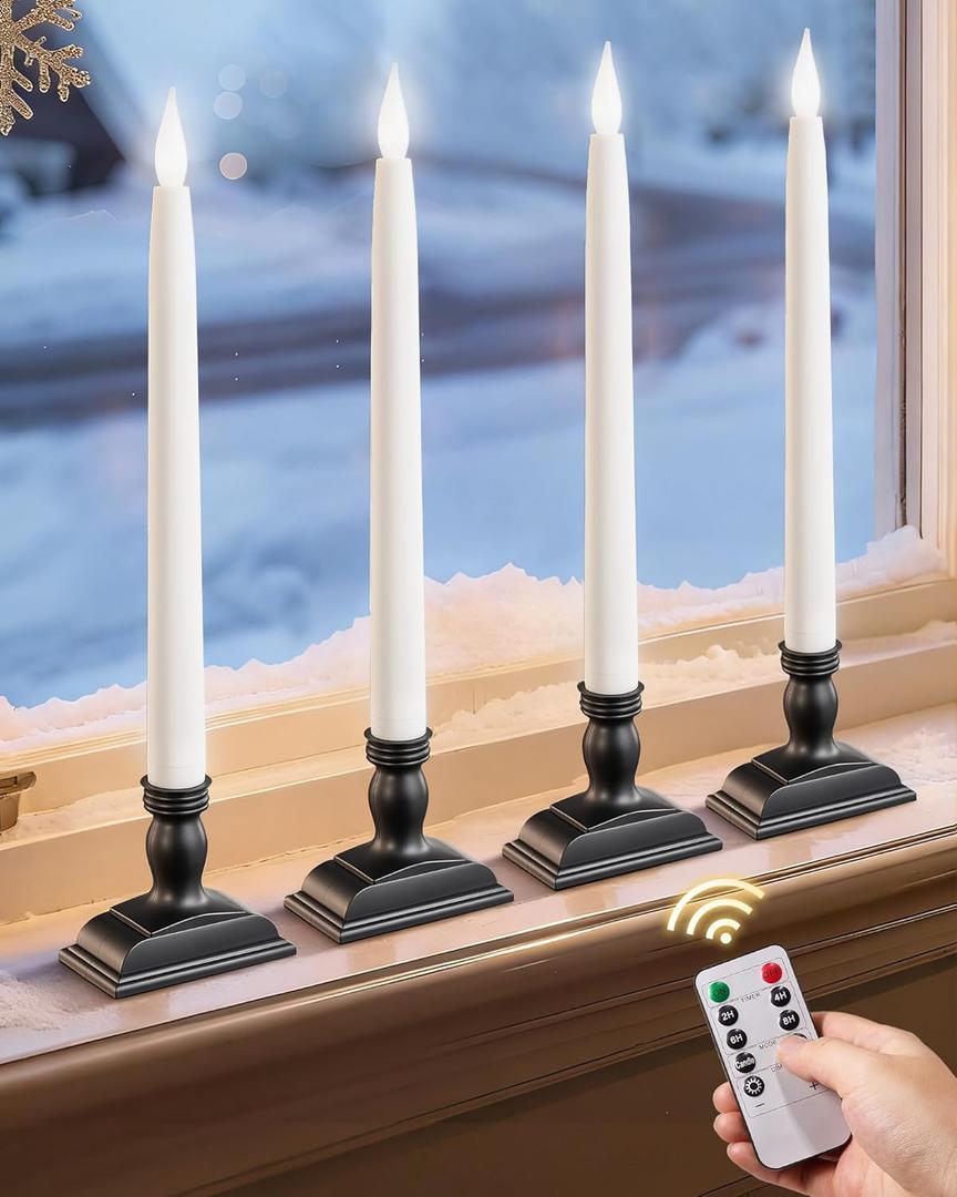 13.2" Window Candles Battery Operated with Remote, Timer, Dimmable, Flicker/Steady Mode, LED 5000K Cool White Christmas Candle Lights for Windows, Indoor Holiday Decor, 4 Pack, Black Holders