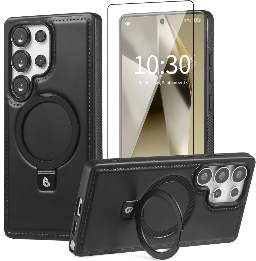 for Samsung Galaxy S25 Ultra Case with Stand Magnetic, Compatible with MagSafe Ring Leather Case, with Camera Lens and Screen Protector, Protective Military Grade Shockproof, Black